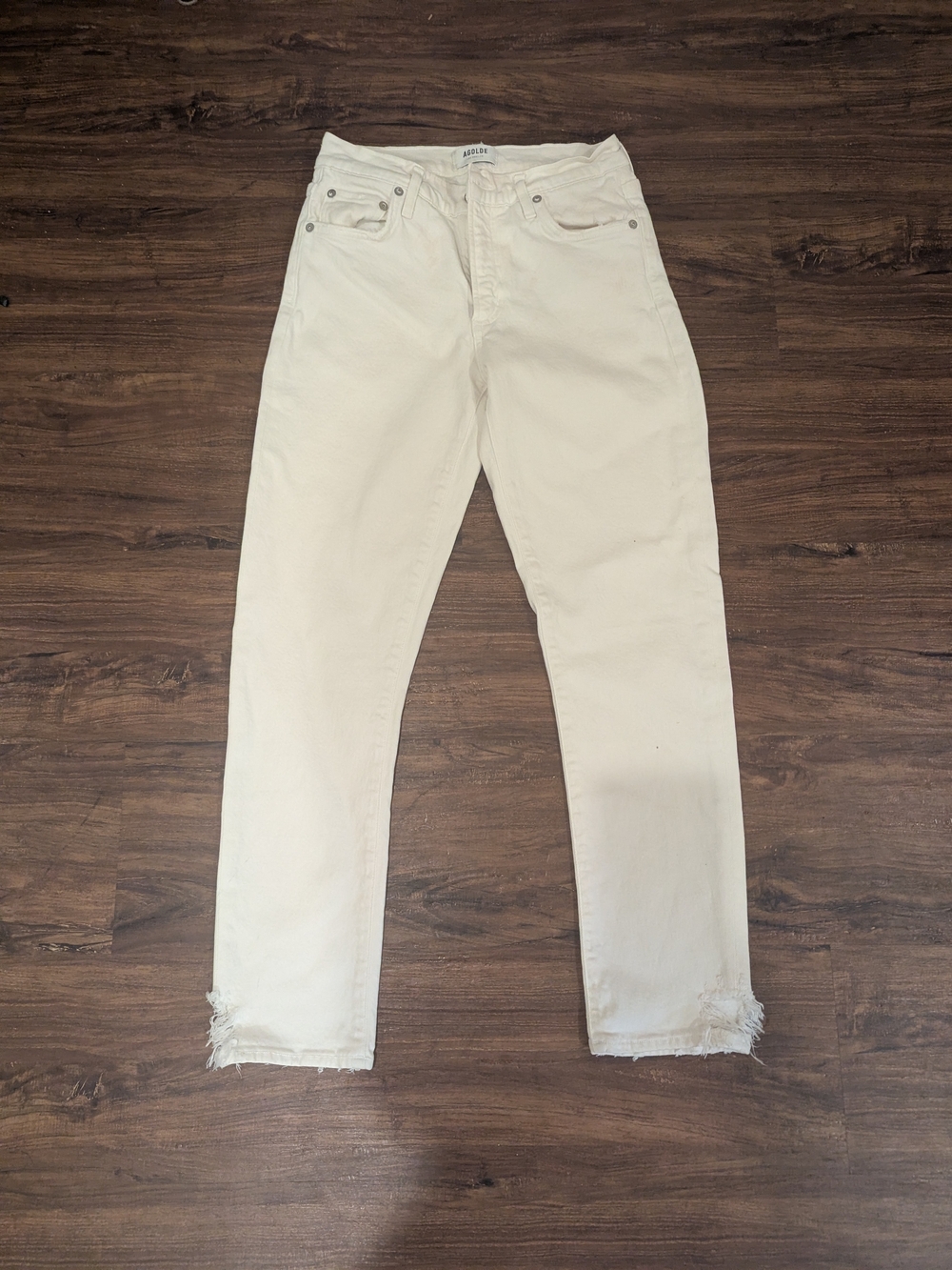 Agolde Women’s Straight Leg Jeans in Off-White with Frayed Hem